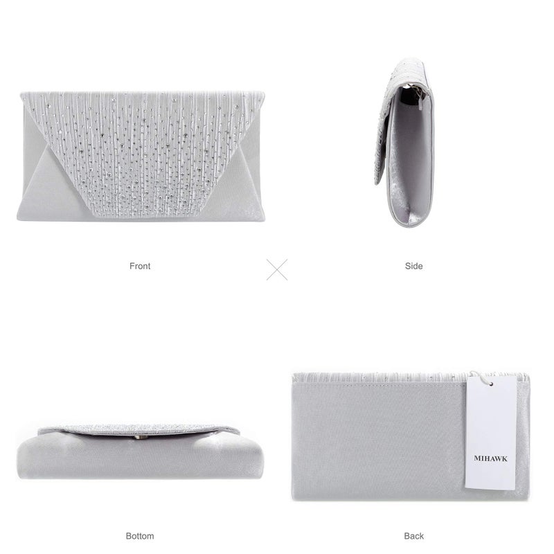 Mihawk clutches and evening bags Women Evening Envelope Handbag Party Bridal Clutch Purse Shoulder Cross Body Bag(Silver) One Size - Image 5